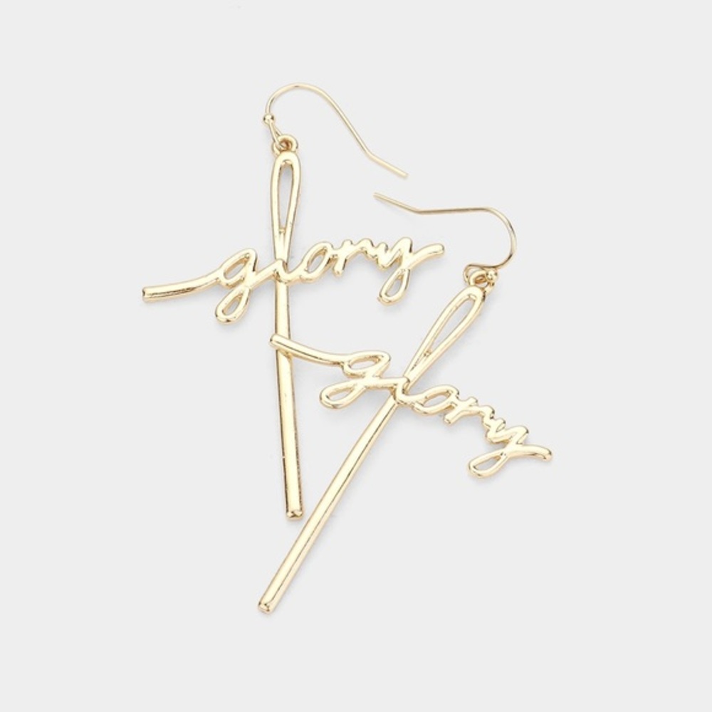 Gold dainty Glory message dangle fish hook earrings